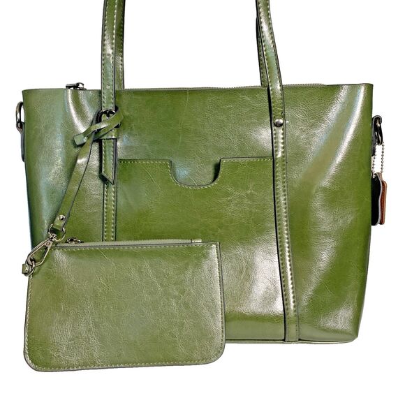 MDBM Maison de Beauté Provence Green Leather Front Pocket Tote Handbag w/ pouch - Picture 1 of 16